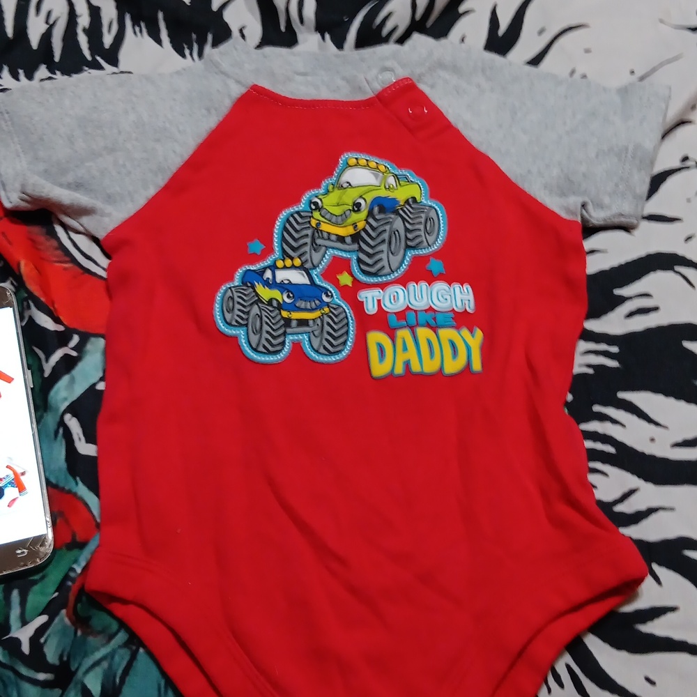 6 to 9 months onesie, Tough Like Daddy, monster trucks.
